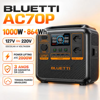 Estação de Energia Portátil BLUETTI AC70P 1000W 864Wh LiFePO4 UPS 127V ou 220V Gerador Solar