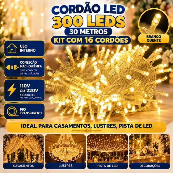 Kit 16 Cordão 300 Leds 30 Metros Cada (480m) Pista Paris