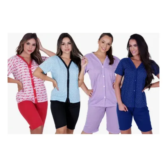 Pijama Feminino Meia Manga Botão Bermuda Decente Cirurgia
