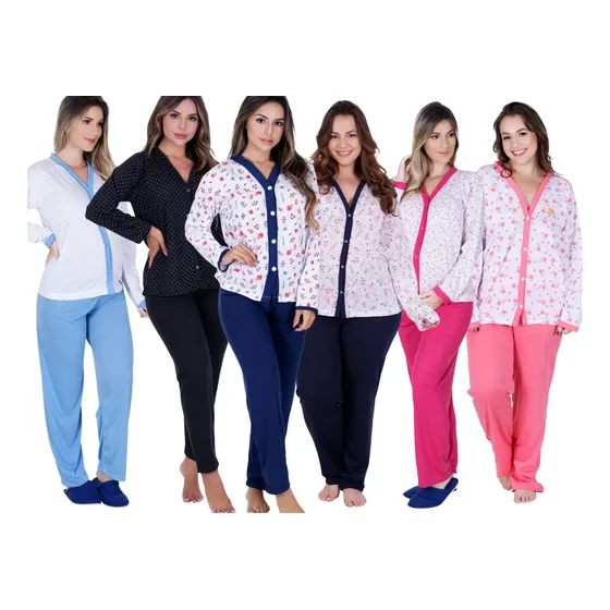 Kit Com 3 Pijama Longo Amamentação - Pós Cirurgia Pós Parto
