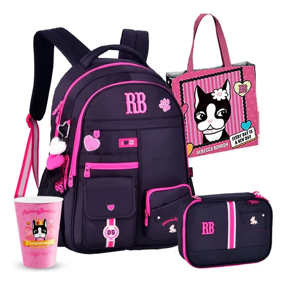 Kit Mochila Estojo Jeans Escolar Notebook Rebecca Bonbon