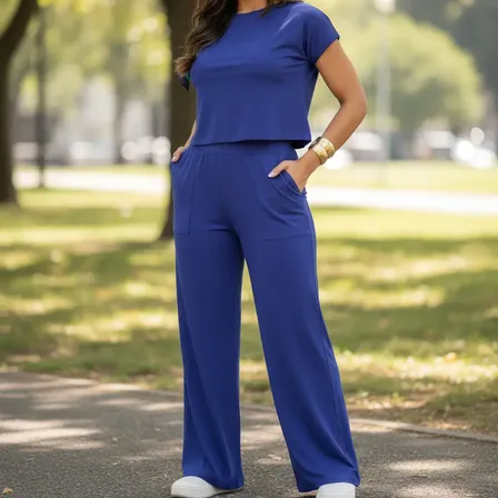 Conjunto Feminino Calça Pantalona Wide Leg Blusa Cropped