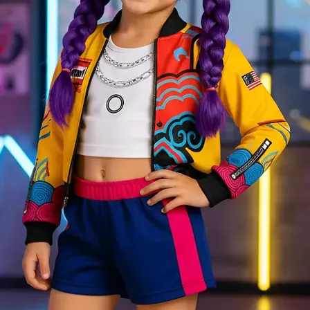 Fantasia Guerreiras Kpop Infantil Luxo + Trança Roxa 3 Pçs