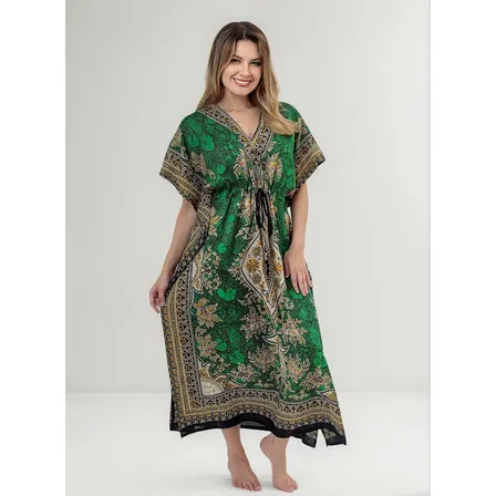 Vestido Kaftan Indiano Longo Estampa Boho Plus Size