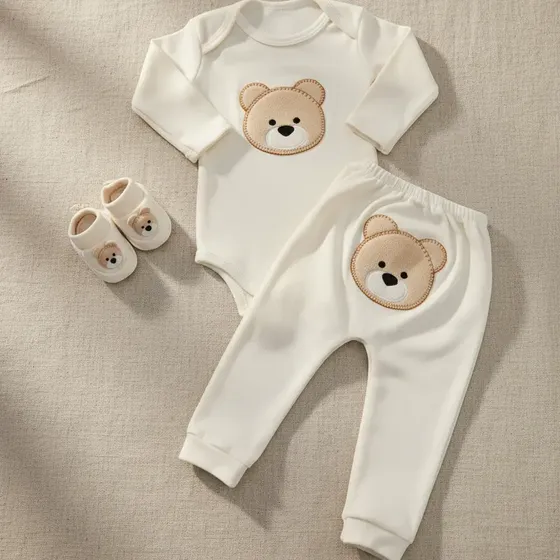Roupa Bebe Body + Mijão + Sapatinho Bordado Conjunto 3 Peças
