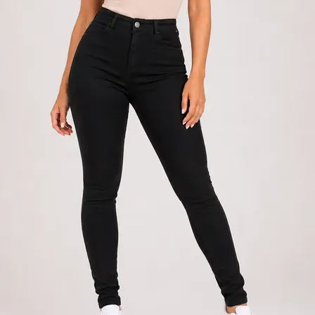 Calça Jeans Feminina Cintura Alta Lycra Skinny Preta Básica