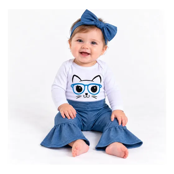 Conjunto Flare Ou Saruel Bebe Menina Body Gatinha Faixinha