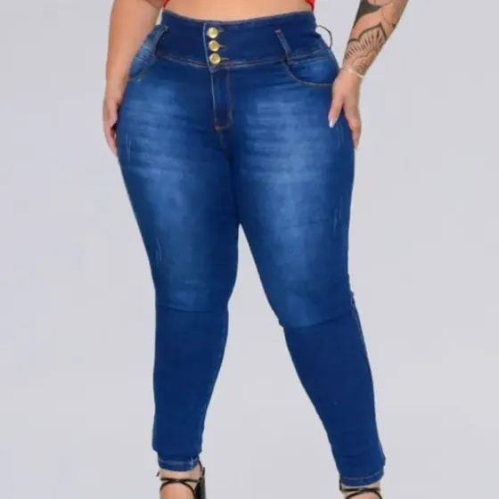 Calça Jeans Feminina Plus Size Cos Largo Cintura Alta