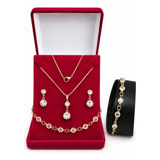 Kit Corrente Feminina Veneziana Pingent+pulseira+conj Brinco