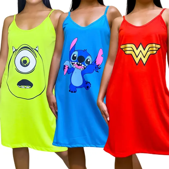 Kit Com 3 Camisolas Alcinha Regata Malha Feminina Personagem