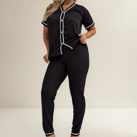 Pijama Longo Americano Blogueirinha Feminino Manga Curta