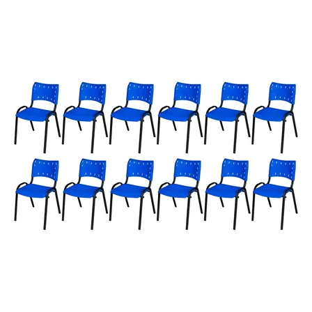 Kit 12 Cadeira Iso Base Preto Escola, Igreja Azul
