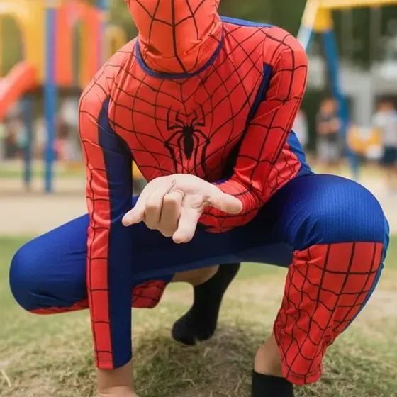 Fantasia Infantil Do Homem Aranha Longa C\ Mascara De Tecido