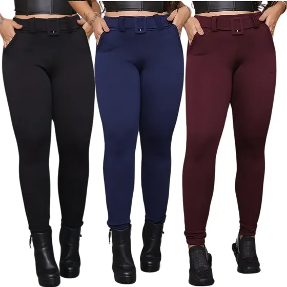 Kit 3 Calça Skinny Feminina Com Fivela Encapada Cintura Alta