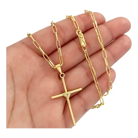 Corrente Masculina 3mm Banhada A Ouro 18k + Pingente Cruz