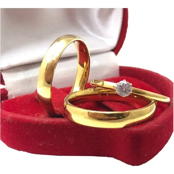 Par Aliança Lisa 4mm + Anel Casamento Ouro 24k + Brinde