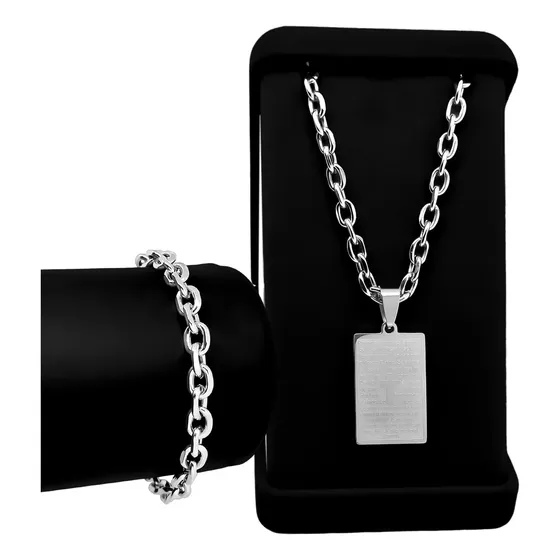 Cordão Cadeado Em Aço Inox Pingente Placa Pai Nosso Garantia