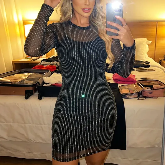 Vestido Preto Tule Transparencia Inverno 2 Pçs Modelo Corpo