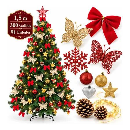 Árvore De Natal Decorada 1,5m Pinheiro Cheia 150cm Enfeitada