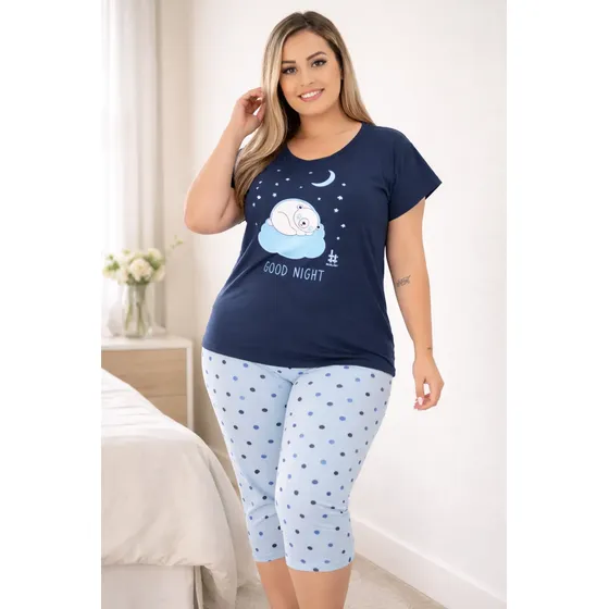 Pijama Pescador Plus Algodão Good Night Marinho Bolinhas