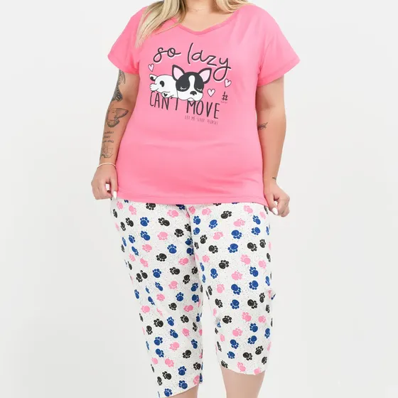 Pijama Pescador Plus Size De Algodão So Lazy Rosê Estampado