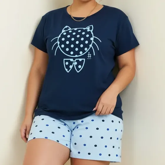 Pijama Feminino Plus Size De Algodão Gatinho Bolinha Marinho