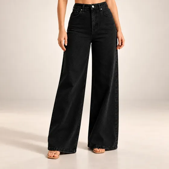 Calça Jeans Pantalona Wide Leg Barra Larga Cintura Alta 100%