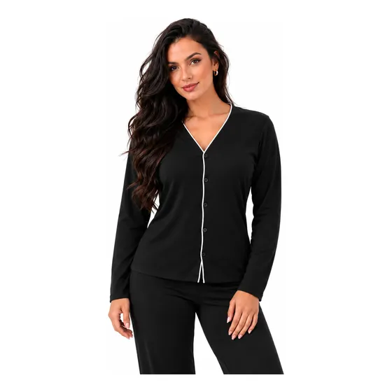Pijama De Frio Feminino Viscose Com Elastano Botões Abertos