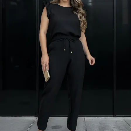 Conjunto Feminino Casual Em Linho Blusa Calça Alfaiataria
