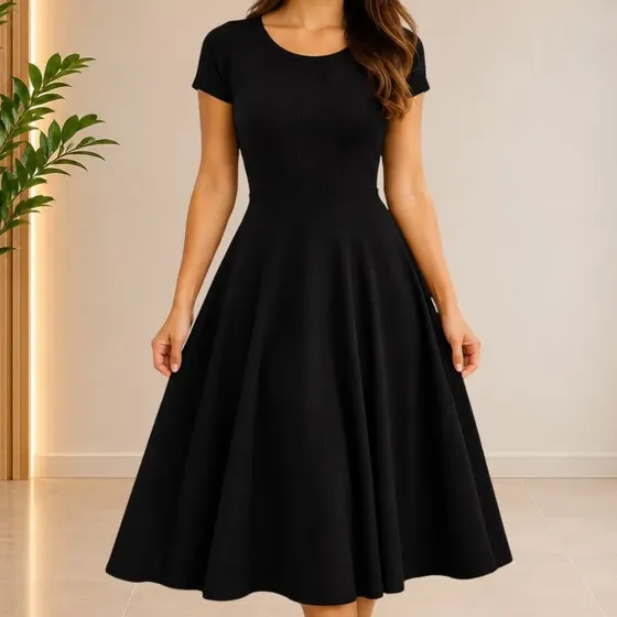 Vestido Godê Midi Manga Curta Decote Redondo Moda Evangélica