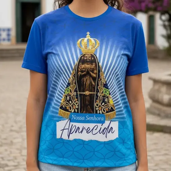 Camiseta Nossa Senhora Aparecida Com Raios Azul Royal