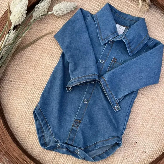 Body Camisa Jeans Bebê Manga Longa Confortável
