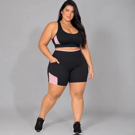 Conjunto Academia Plus Size Top Fitness Bermuda Short Bolso