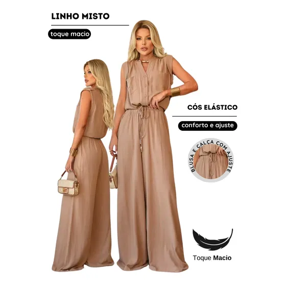 Conjunto Feminino Pantalona E Camisa Sem Mangas Linho Misto