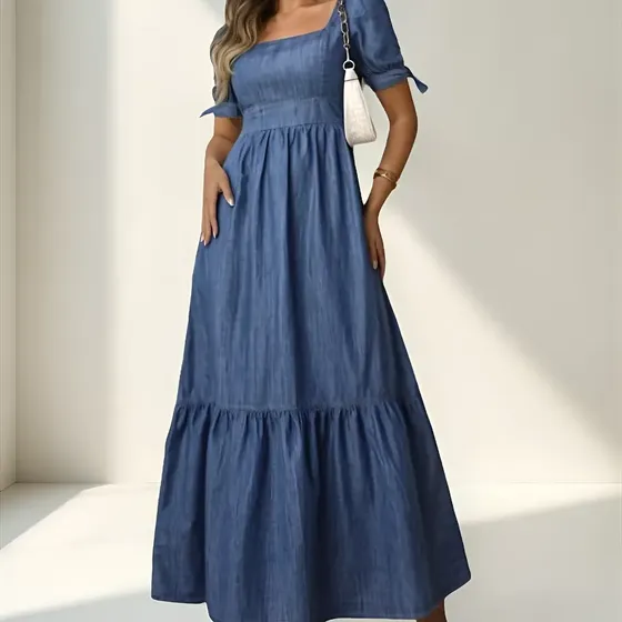 Vestido Jeans Longo Manga De Amarrar Rodado Lastex Soltinho