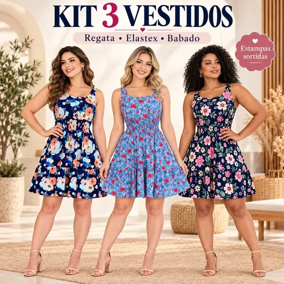 Kit 3 Vestidos Regata Elastex Babado Liganete Confortável
