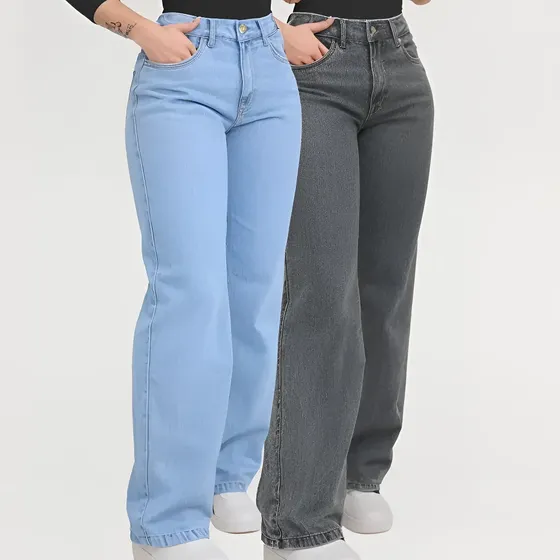 Kit 2 Calças Jeans Wide Leg Feminina Grafite Cintura Alta