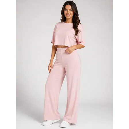 Conjunto Feminino Moletinho Wide Leg Cintura Alta Casual