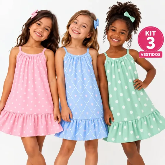 Kit 3 Vestido Infantil Menina Alcinha Verão Sortido 1 Ao 8