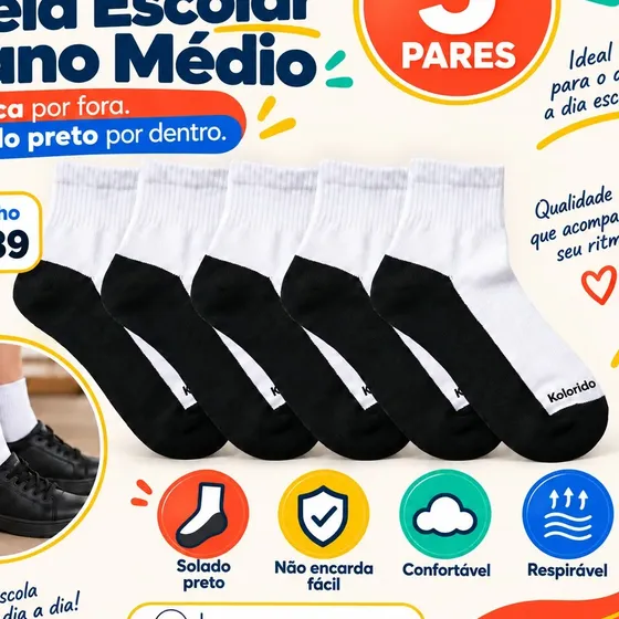 Kit 5 Pares Meias Escolares Cano Médio Solado Preto