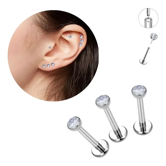 Kit3 Piercing Titânio Ponto Luz Zircônia Pushpin Hélixe/lobe