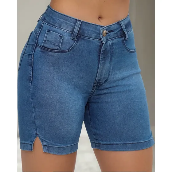 Bermuda Jeans Meia Coxa Levanta Bumbum Com Elastano Cós Alto