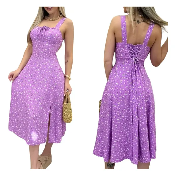 Vestido Midi Com Fenda Lateral Moda Verão 3.0 Girls Alça