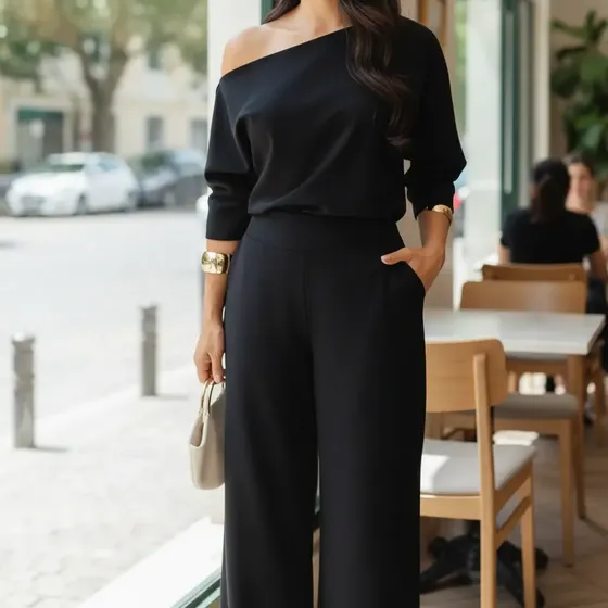 Conjunto Feminino Com Blusa Assimétrica E Calça Pantalona