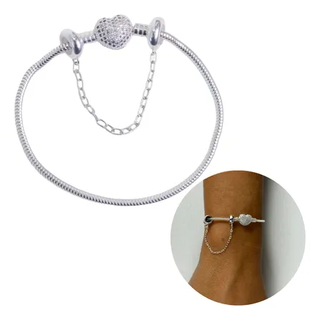 Pulseira De Berloque Prata 925 Coração + Trava De Brinde