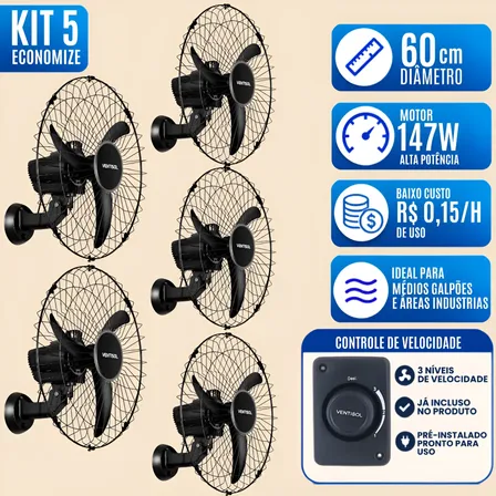 Kit 5 Ventiladores De Parede 60cm 3 Pas Para Academia Igreja