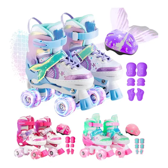 Patins Infantil Ajustável 4 Rodas Kit Proteção Rodinha Led