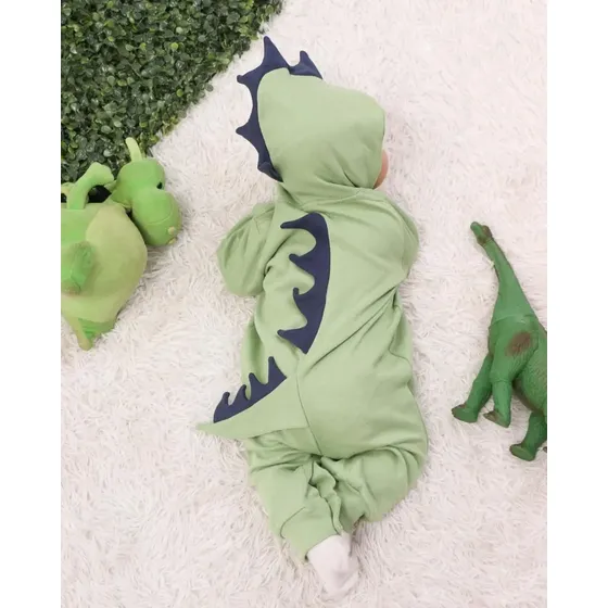 Macacão Longo Tipo Fantasia Dino C/ Capuz 100% Algodão Macio