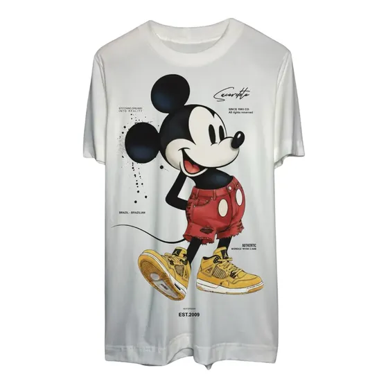 Camiseta Masculina Mickey Mouse Off White Algodão Premium