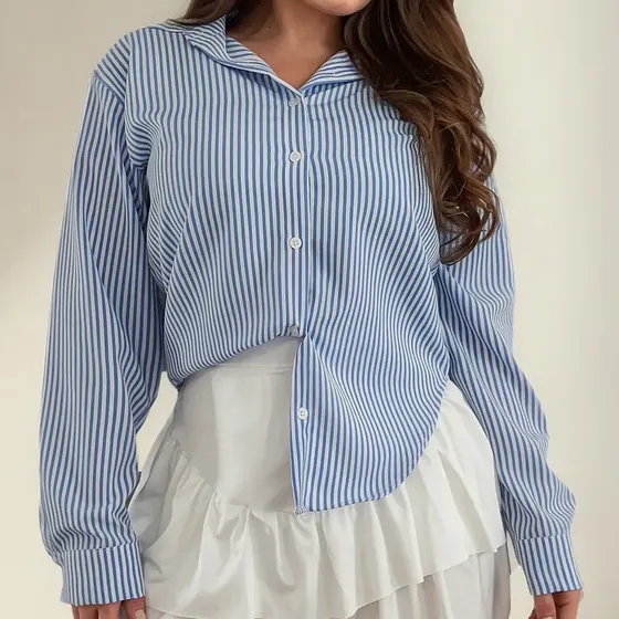 Camisa Social Listrada Botão Gola Manga Longa Tendência